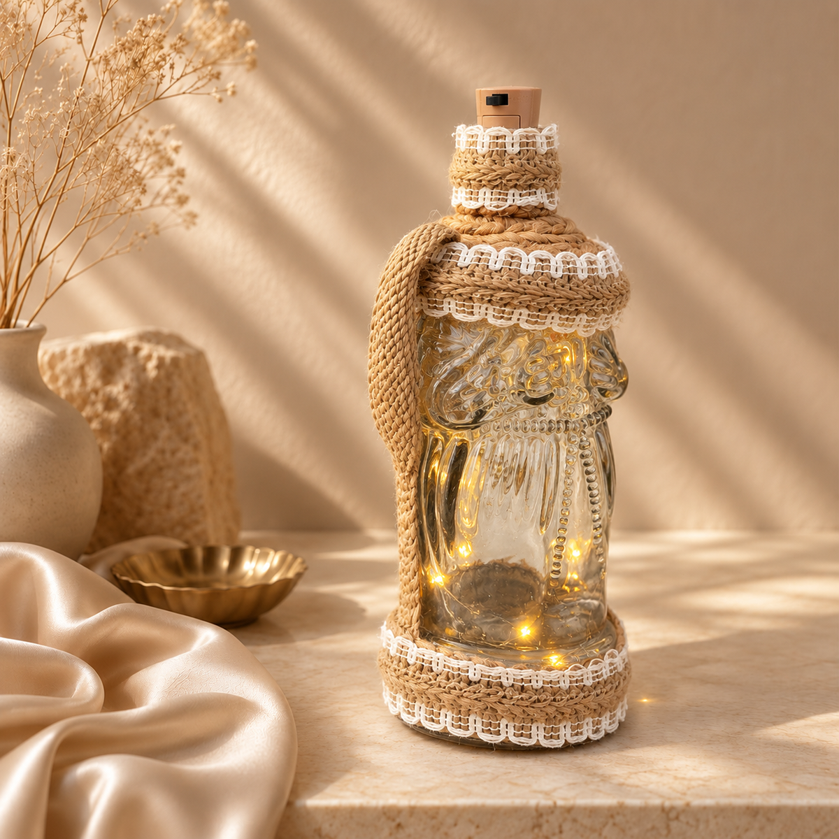 Jute-Wrapped Bottle Lamp – Textured Glass – Kalaghar Crafts