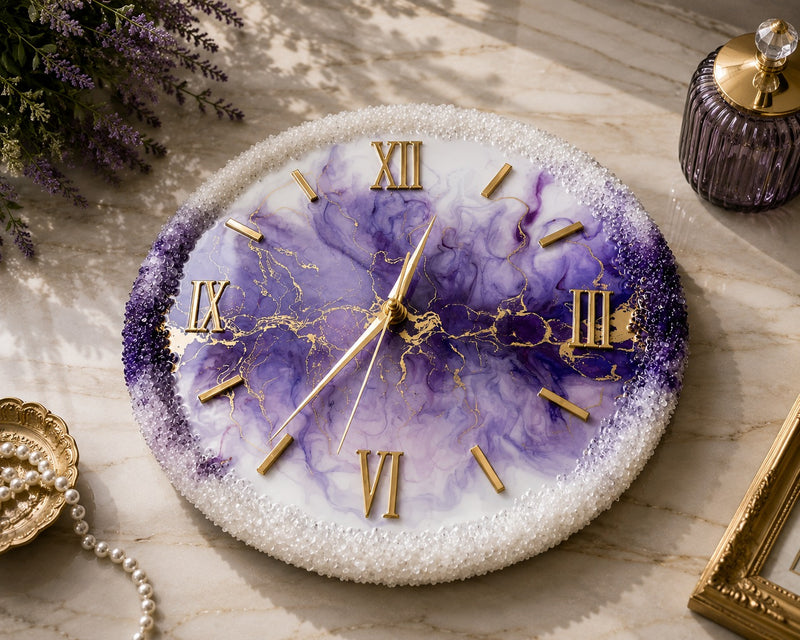 Amethyst Bloom Luxury Resin Art Wall Clock